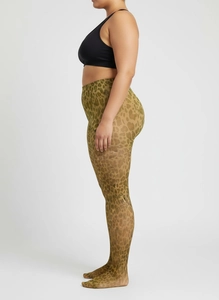 Détail du collant léopard avec taille haute et tissu élastique pour un effet amincissant