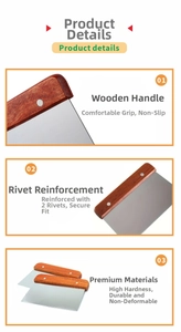 Detail of stainless steel dough scraper with ergonomic wood handle and dual rivet fixings