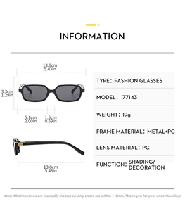 Detailed size specifications for vintage rectangular sunglasses with metal and PC frame