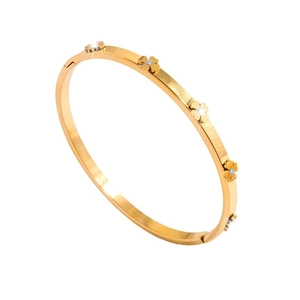 Elegant gold titanium steel clover bracelet with sparkling zircons and brushed finish