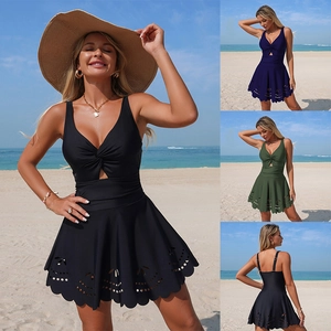 Women Swimdress Swimsuit Nylon Laser Cut Scallop Hem Deep V Neck Twist Knot Cutout Beachwear Holiday