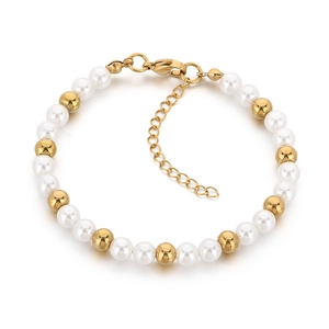 Fashionable pearl and golden stainless steel beaded bracelet with lobster clasp