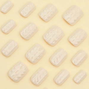 Short square creamy white press-on nails with elegant 3D embossed woven texture