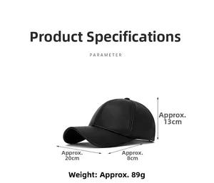 Detailed dimensions of the black PU leather baseball cap showing height and brim size