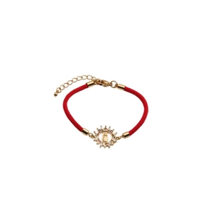 Red braided rope bracelet with golden Virgin Mary pendant and colorful cubic zirconia