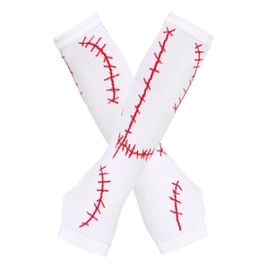 Macro view of white knitted arm sleeves with red baseball stitch pattern for cosplay