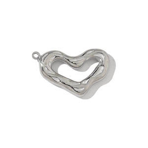 Detailed view of an irregular liquid-metal hollow heart-shaped stainless steel pendant