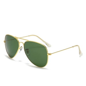 Classic gold metal aviator sunglasses with dark green lenses and a double bridge design