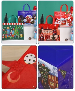 Detail of cross-stitched reinforced handle and durable heat-pressed edge on Christmas gift bag