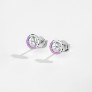 Detail view of 925 sterling silver studs with purple enamel and tiny zircon stones