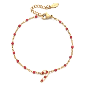 Detail view of gold stainless steel bracelet with red beads and candy cane charm