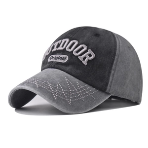 Vintage washed cotton baseball cap with outdoor embroidery and two-tone拼接 design