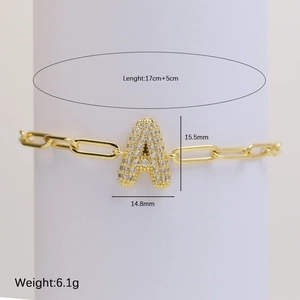 18k gold bubble initial A paperclip chain bracelet with crystal pavé pendant, 17+5cm length