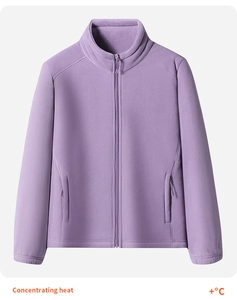Detail of purple fleece jacket with stand collar and zipper showing insulating texture