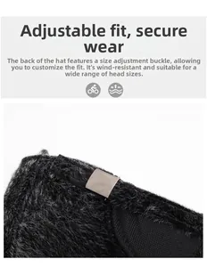 Detail of adjustable silver buckle on black faux fur winter baseball cap for men