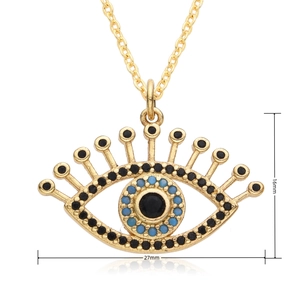 Macro view of evil eye necklace pendant in gold finish with 16mm x 27mm measurements