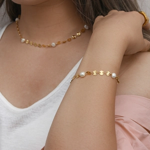 Gold stainless steel jewelry set with freshwater pearls and round snowflake charm necklaces
