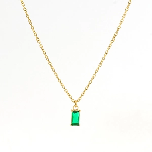 Elegant emerald green rectangular stone pendant on a gold titanium steel necklace chain