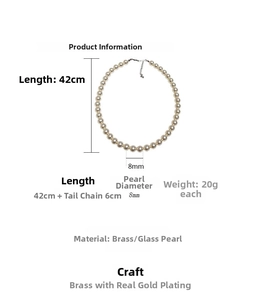 Detailed size specifications for 8mm glass pearl necklace with 42+6cm chain length