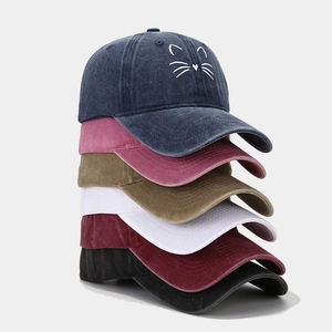 Vintage cotton washed baseball cap with cute cat embroidery in six assorted colors