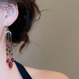 Vue détaillée des boucles d'oreilles à franges en cristal avec perles violettes et strass