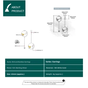 Detailed size chart for handmade S925 silver bird and bamboo leaf dangle earrings