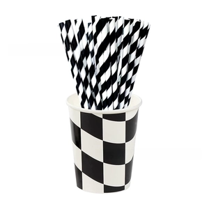 Racing party set featuring checkered paper cups and matching striped straws in black and white