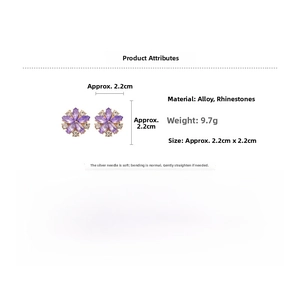 Detail view of purple flower earrings with rhinestones showing 2.2cm dimensions
