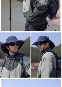 Detailed views of a navy wide brim sun hat with mesh vents and adjustable wind rope