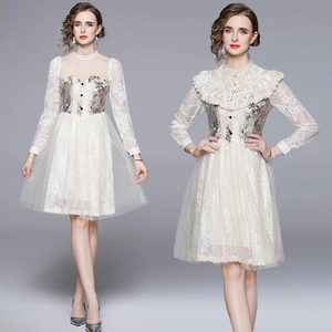 French Vintage Palace Style Lace Patchwork Mesh Midi Dress Elegant Floral Embroidery Long Sleeve Dress For Women Apricot