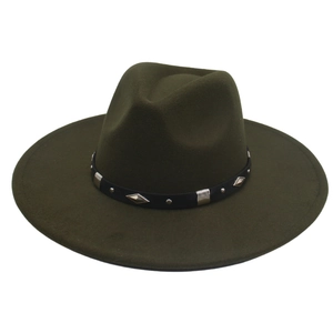 Detail of olive green fedora hat featuring a black band with silver diamond metal studs