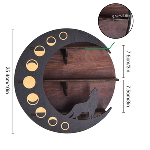 Detailed dimensions of moon-shaped wooden shelf with wolf silhouette for crystals