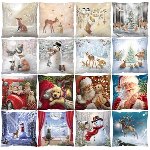 Nordic Christmas Plush Cushion Cover Santa Reindeer Printed Decorative Square Pillowcase For Sofa Holiday Home Decor