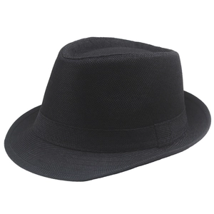 Detail view of black woven linen fedora hat with rolled brim and classic ribbon band