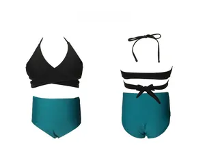 Detailansicht Vorder- und Rückseite des Mädchen-Bikinis mit Neckholder und Schleifenband