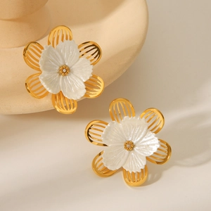 French vintage 18k gold plated flower stud earrings with cream petals for women