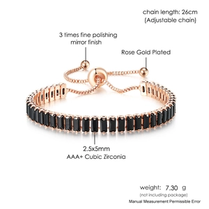 Adjustable rose gold tennis bracelet with black rectangular cubic zirconia stones