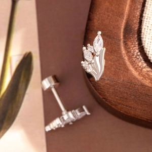 Titanium steel bouquet stud earrings featuring zircon accents in a leaf-shaped cluster