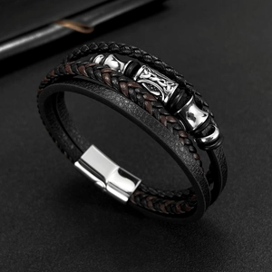 Men's multilayer braided leather bracelet with Viking metal charms and magnetic clasp