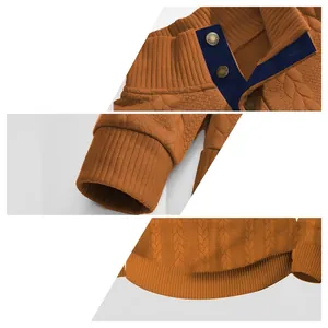 Caramel knitted Henley sweatshirt with cable textures, contrast collar and metal buttons
