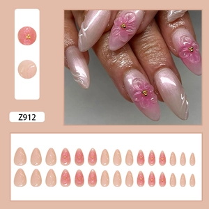 3D pink flower press-on nails with pearl white and blush pink gradient design