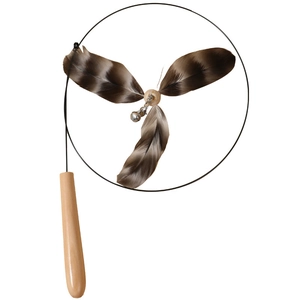 Extra long feather cat teaser wand with wooden handle and steel wire for indoor play