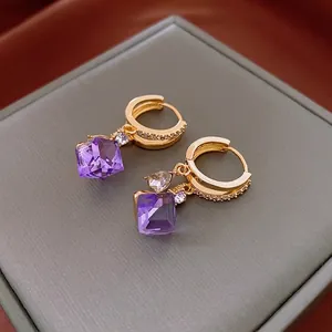 Vintage Copper Hoop Drop Earrings With Purple Cube Crystal And Waterdrop Zircon Elegant Fashion Jewelry For Women