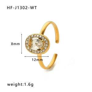 Detail of adjustable gold ring with oval zircon centerpiece and size measurements
