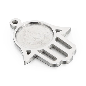Polished silver stainless steel Hamsa palm pendant with round gemstone bezel setting