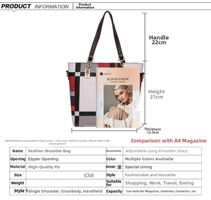 Tableau détaillé pour ensemble de six sacs à main à carreaux classiques en cuir PU de qualité