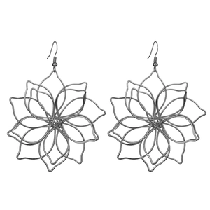 Detailed view of silver woven hollow flower earrings with intricate layered metal petals