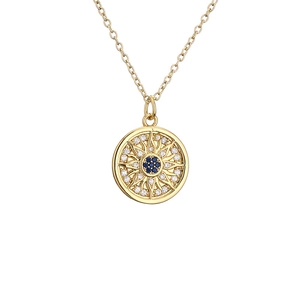 Golden sun compass pendant necklace with blue center stone and white zircon accents