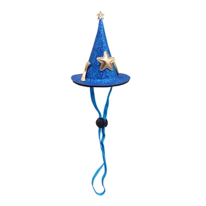 Close-up of blue glitter wizard hat with gold stars and adjustable elastic strap for pets