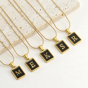 Alphabet Initial Letter Necklace Stainless Steel 18K Gold Plated Black Enamel Rectangular Pendant Snake Chain Jewelry
